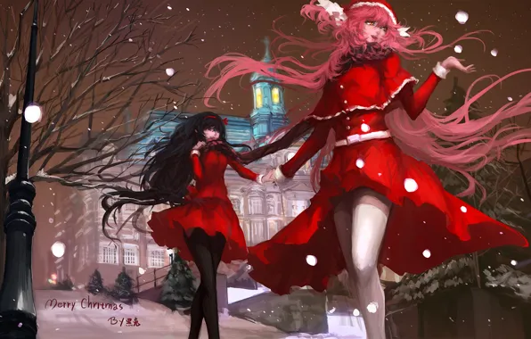 Winter, girl, snow, night, the city, new year, anime, Christmas
