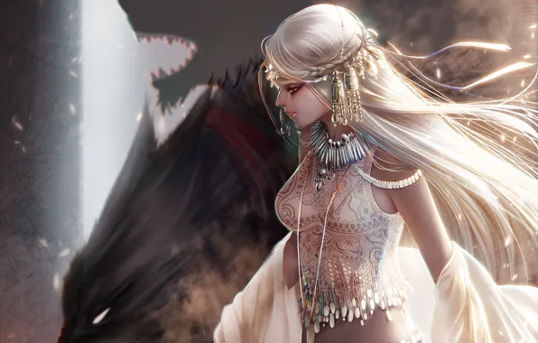 Look, girl, decoration, wolf, art, profile