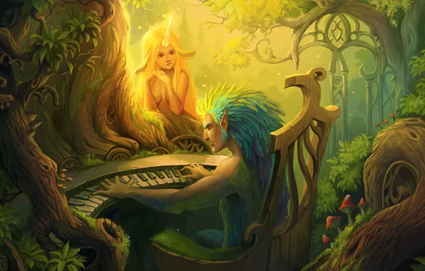 Forest, look, girl, music, art, creatures, piano, horn