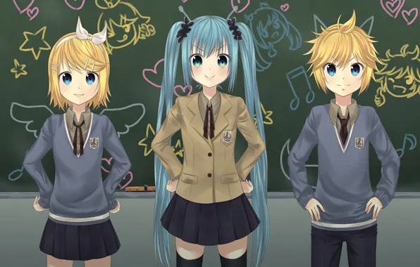 Picture look, smile, girls, drawings, Board, guy, vocaloid, hatsune miku
