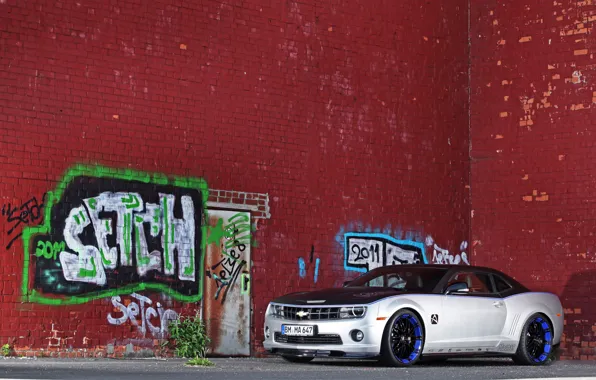 Picture graffiti, tuning, Chevrolet, Camaro, brick wall