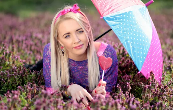 Picture girl, nature, umbrella, blonde, Lollipop, manicure