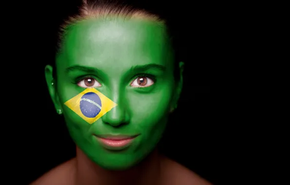 Picture look, girl, face, background, Brazil, brown eyes, Brazilian flag