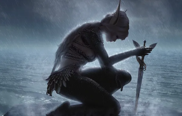 Girl, rain, elf, warrior, dagger