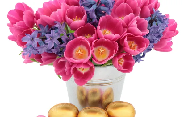 Flowers, background, holiday, eggs, Easter, tulips, vase