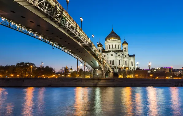 Bridge, river, Moscow, Cathedral, Russia, promenade, The Cathedral Of Christ The Savior, The Moscow river