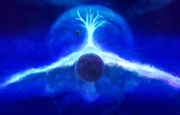 Tree, Stars, Planet, Space, Planet, Fantasy, Planets, Art