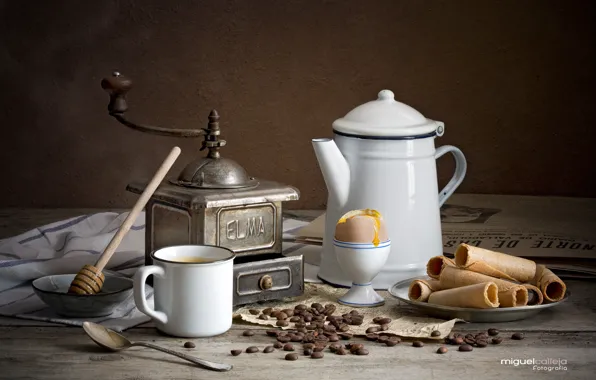 Egg, coffee, grain, honey, mug, still life, tube, coffee grinder