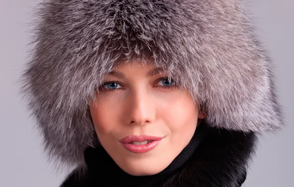 Picture look, face, background, hat, portrait, makeup, fur, brown hair