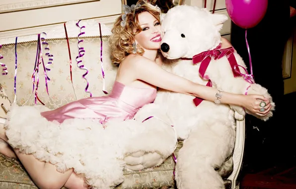 Sofa, toy, bear, singer, confetti, kylie minogue, a balloon