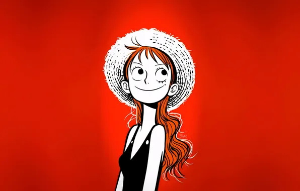 Picture smile, anime, pirate, red hair, red background, anime, Nami, anime girls