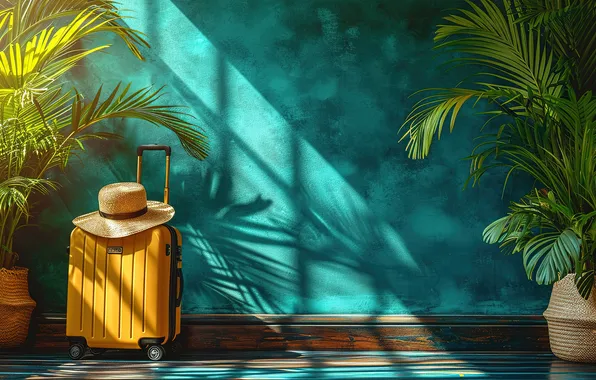 Beach, summer, palm trees, shore, vacation, suitcase, summer, beach