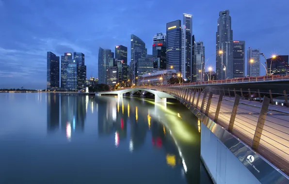 Water, bridge, reflection, dawn, skyscrapers, Bay, Singapore, architecture