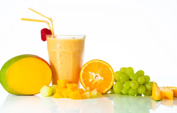 Picture glass, berries, background, orange, grapes, drink, fruit, mango