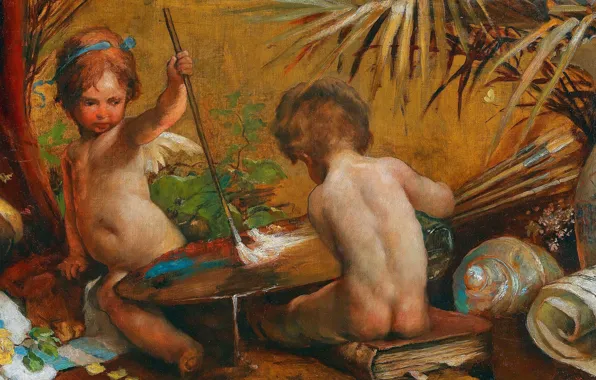 Picture Children, Picture, Brush, Two, Palette, Boys, Angelo Trentin, Allegory of painting