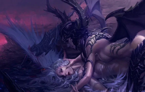 Blood, wings, the opposition, angel, the demon, art, the fight, lose