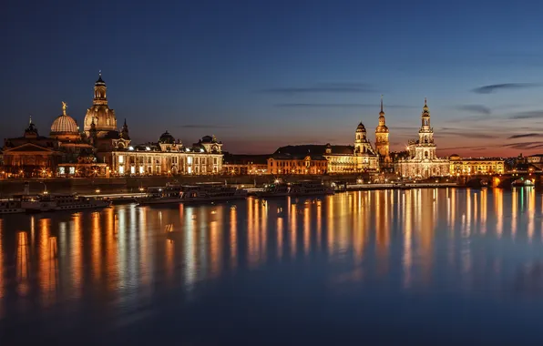 Night, lights, river, home, Germany, Dresden, Elba