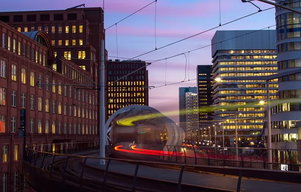 Light, the city, lights, train, home, the evening, excerpt