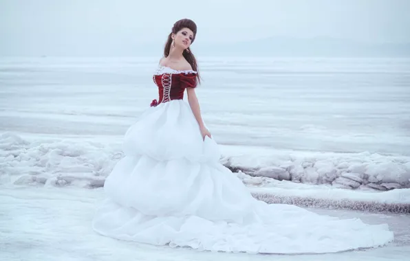 Picture ice, winter, girl, snow, pose, dress, brown hair