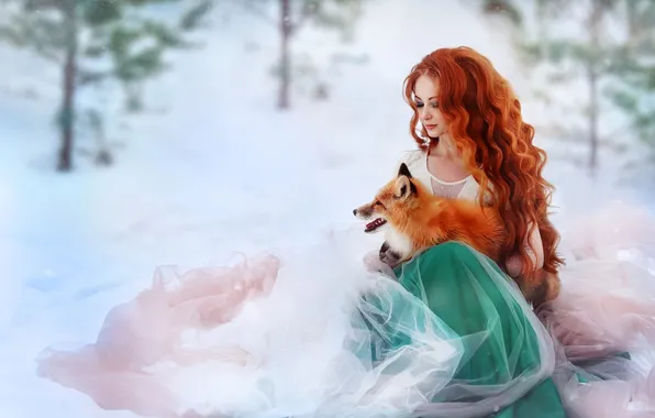Winter, forest, girl, snow, nature, glade, dress, Fox