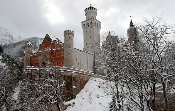 Winter, forest, snow, trees, mountains, castle, Germany