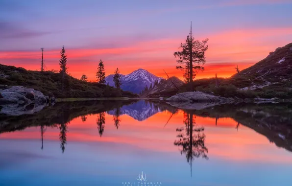 Dawn, mountain, photographer, pond, California, Mount Shasta, Kenji Yamamura, Castle Lake
