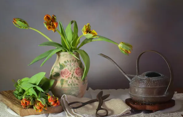 Picture bouquet, kettle, tulips, vase, still life, scissors