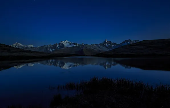 Snow, mountains, night, reflection, blue, rocks, shore, tops