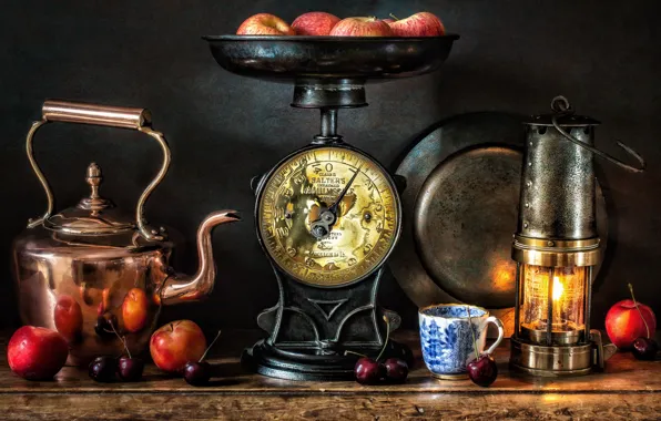 Picture style, berries, apples, lamp, kettle, mug, lantern, still life