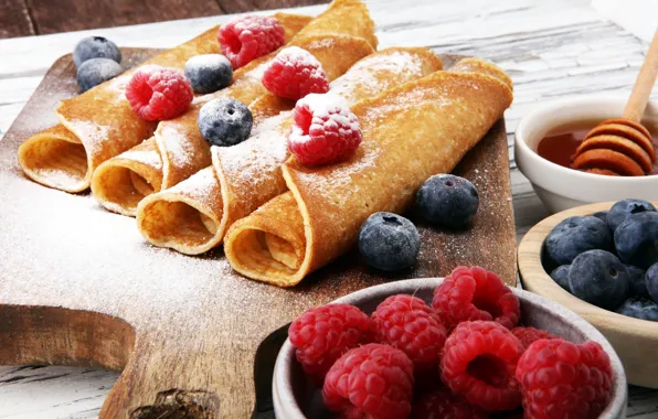 Berries, Breakfast, pancakes, powdered sugar