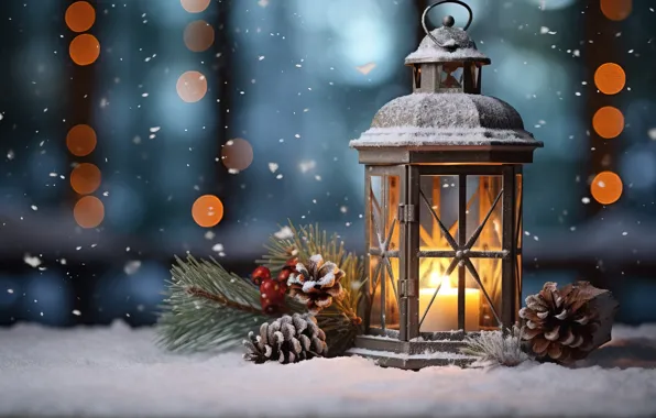 Winter, snow, decoration, night, New Year, Christmas, lantern, light