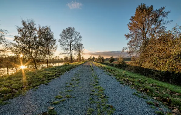 Road, autumn, sunset, lake, Park, river