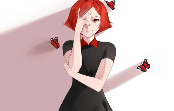 Look, girl, butterfly, anime, art, red hair, Sunnypoppy