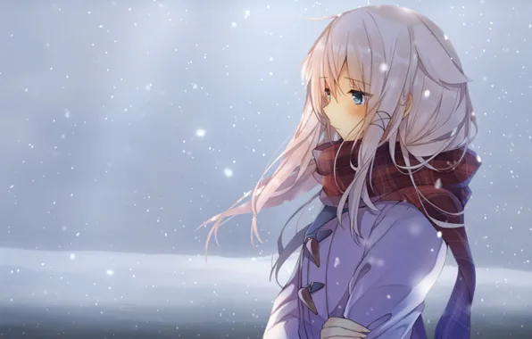 Winter, girl, snow, anime, scarf, art, mishima kuron of