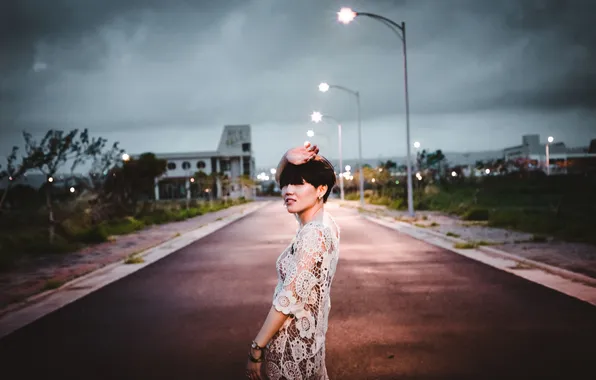 The storm, girl, light, street, dress, gray clouds, lampposts