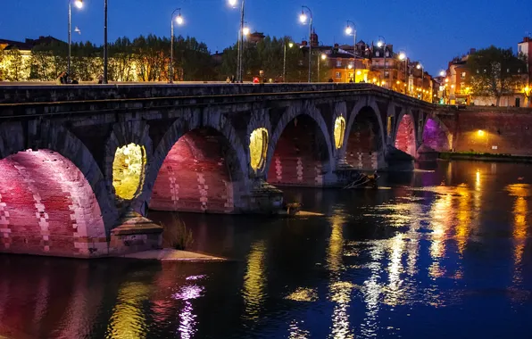 Night, bridge, lights, river, France, lights, promenade, Toulouse