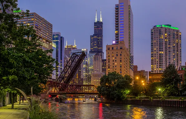 Bridge, the city, river, the evening, Chicago, USA, Illinois