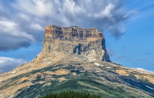 The sky, clouds, mountains, rocks