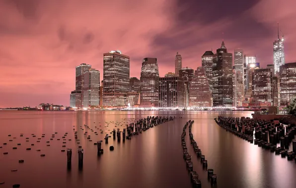 Night, the city, lights, river, building, home, New York, skyscrapers