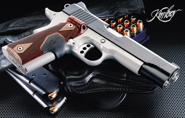 Gun, cartridges, holster, clip