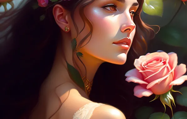 Girl, Hair, Roses, Art