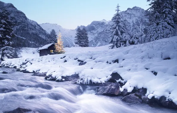 Winter, frost, forest, the sky, light, snow, trees, mountains