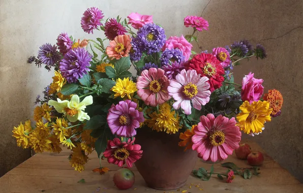 Flowers, apples, pot, Board