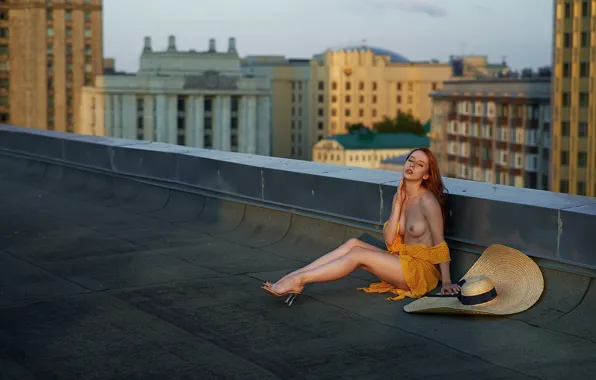 Chest, girl, pose, hat, red, legs, redhead, on the roof