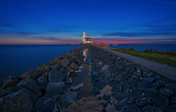 Road, landscape, sunset, lake, stones, lighthouse, Holland, The horse of Marken