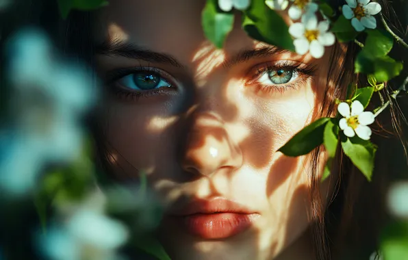 Look, leaves, girl, the sun, rays, light, flowers, close-up