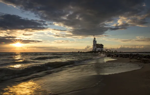 Sea, beach, the sun, sunrise, lighthouse, morning, pierce, Spain