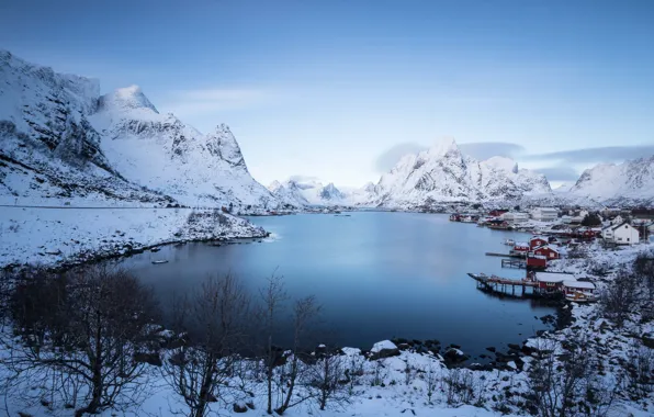 Winter, mountains, clouds, snow, village, Norway, lagoon, tops