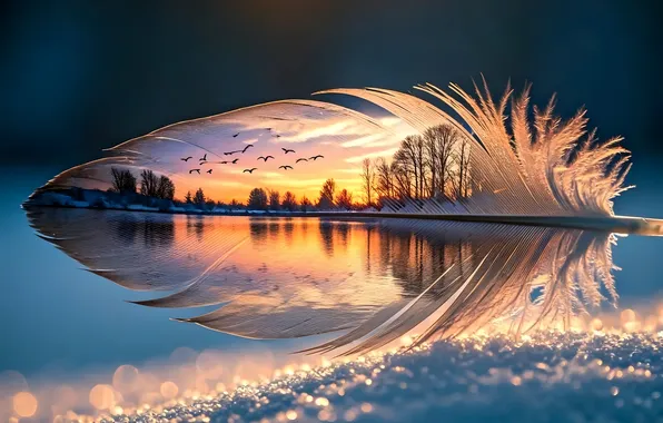 SNOW, POND, SUNSET, PACK, BIRDS, LANDSCAPE, PEN