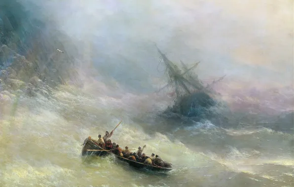 Storm, ship, picture, Rainbow, seascape, boat, Ivan Aivazovsky, 1848
